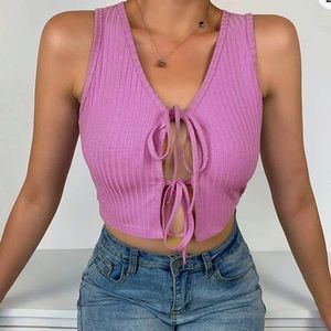 Y2K pink ribbed front tie tank top crop